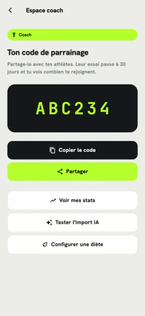 Coach workspace: the referral code to share, athlete statistics and the AI import test.