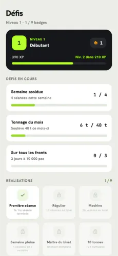 Onglet Défis: niveau, défis en cours et badges.