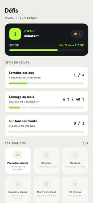 Onglet Défis: niveau, points d'expérience, défis en cours et grille de badges à débloquer.