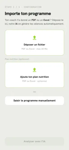 Écran Importe ton programme, avec la zone de dépôt d'un PDF ou Excel.