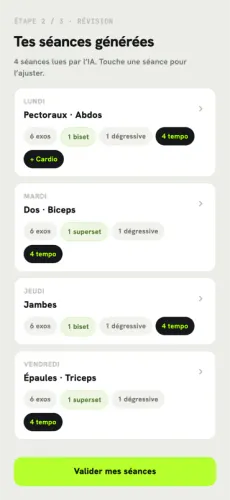 Your generated sessions screen: four sessions read by the AI with the techniques it detected.