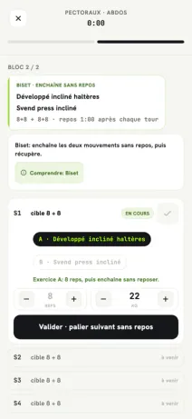 Série en biset: les deux exercices enchaînés affichés dans la même série.