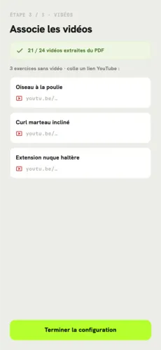 Écran Associe les vidéos: 21 vidéos sur 24 extraites du PDF.